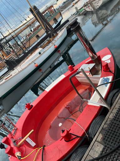 Roter Rettungsboot im Hafen, umgeben von Segelbooten und ruhigem Wasser.