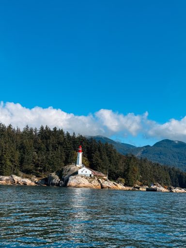 Leuchtturm auf felsiger Insel, umgeben von Wasser und bewaldeten Bergen.