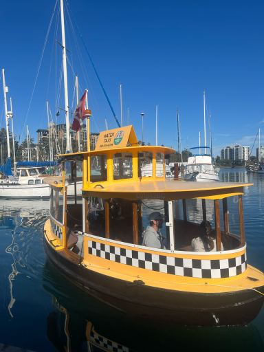 Gelbes Taxi-Boot mit Schwarz-Weiß-Karo, schwimmend im Hafen zwischen Yachten.