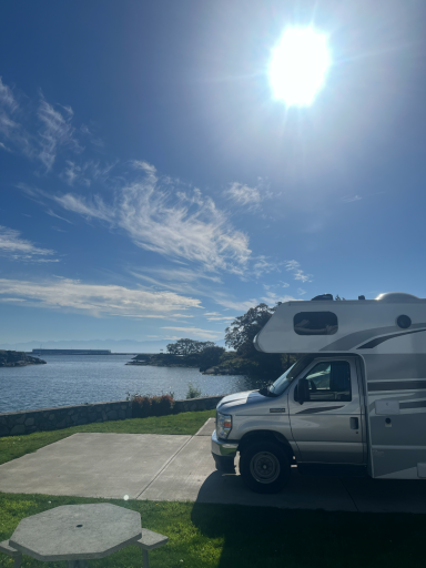 Ein Wohnmobil parkte am Ufer mit Blick auf einen See unter klarem Himmel.