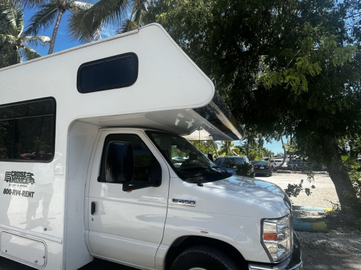 Weißer Campervan mit Dachvorsprung, geparkt unter Bäumen bei sonnigem Wetter.