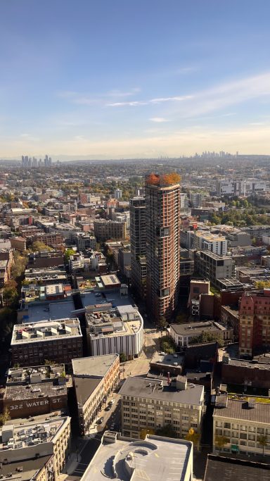 Blick auf eine Stadt mit einer hohen, modernen Architektur in der Mitte.