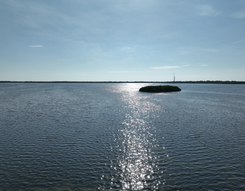 Helles Wasser mit spiegelndem Licht und einer kleinen Insel im Hintergrund.
